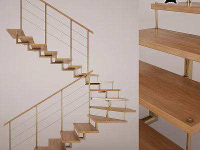 Modern Interior Staircase With Wooden Steps And Metal Railings Design 3d model