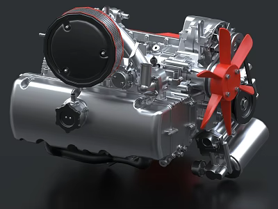 3D Rendered Engine With Silver Body Red Fan Black Cover And Metallic Mechanical Details 3d model