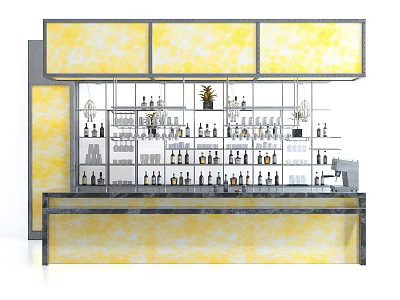 Modern Bar Counter With Yellow Panels And Shelves Filled With Bottles And Glasses 3d model