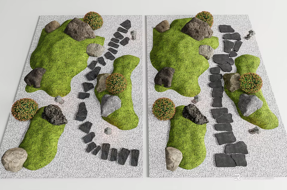 Natural Garden Stepping Stones Path With Green Lawn And Small Shrubs 3d model 