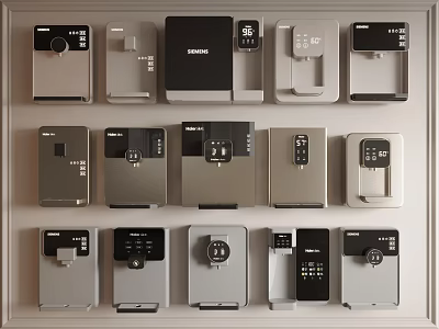 Kitchen Appliances Control Panels In Various Styles Arranged On Light Background 3d model