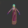 Woman in Purple Saree With Gold Patterns and White Hair Standing Against Gray Background