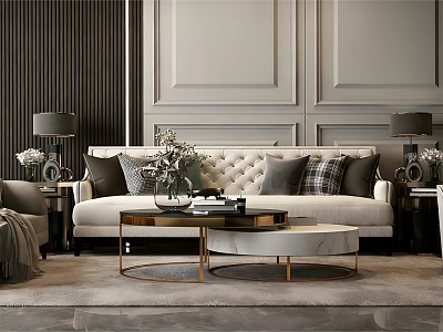 Elegant Beige Sofa Set With Multiple Cushions Coffee Table Lamps And Decorative Flowers 3d model