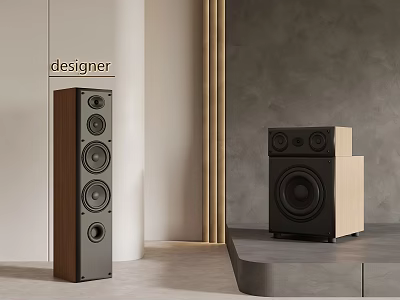 Modern Designer Audio Tower Speakers In Contemporary Interior With Tall Floor And Beige Cabinet 3d model
