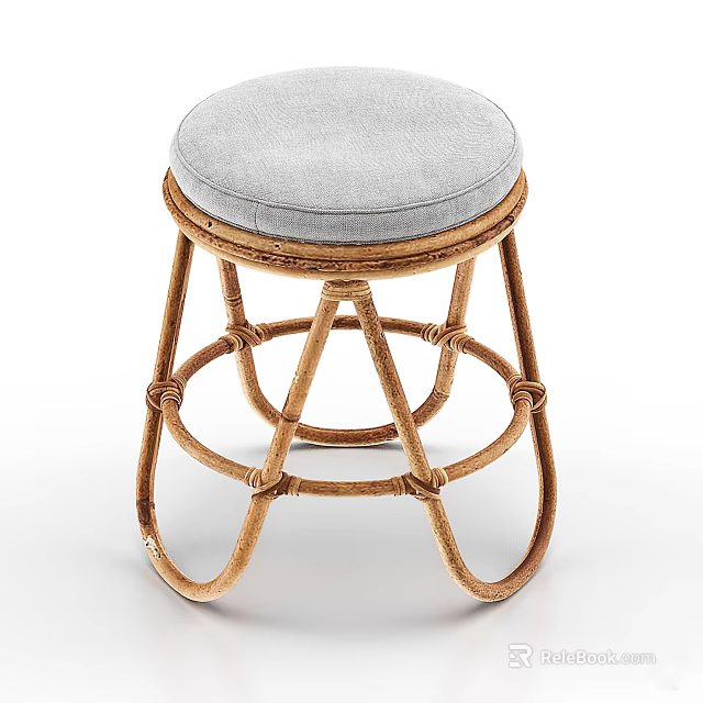 Sturdy Rattan Stool with Round Gray Padded Seat and Handwoven Frame Design 3d model 