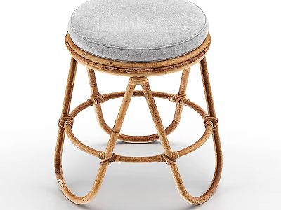 Sturdy Rattan Stool with Round Gray Padded Seat and Handwoven Frame Design 3d model