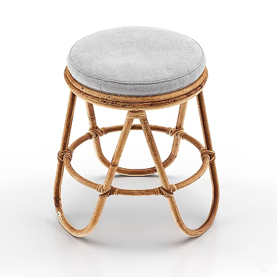 Sturdy Rattan Stool with Round Gray Padded Seat and Handwoven Frame Design 3d model