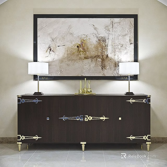 Dark Brown Entryway Cabinet Sideboard With Brass Hardware Table Lamps And Abstract Painting 3d model 