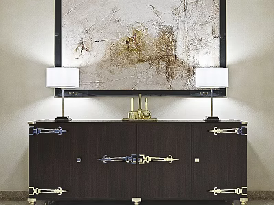 Dark Brown Entryway Cabinet Sideboard With Brass Hardware Table Lamps And Abstract Painting 3d model