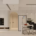 Modern Minimalist Dining Living Room Interior With White Sofa Dining Table Pendant Lights Wall Clock