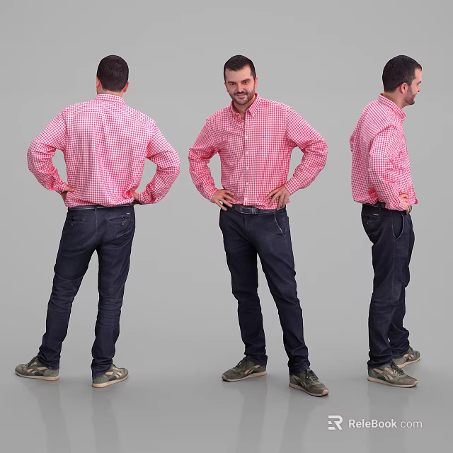 Man In Pink Checkered Shirt Dark Pants And Sneakers Showcasing Different Angles Hands On Hips 3d model 