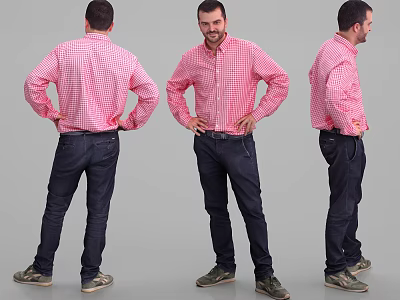 Man In Pink Checkered Shirt Dark Pants And Sneakers Showcasing Different Angles Hands On Hips 3d model