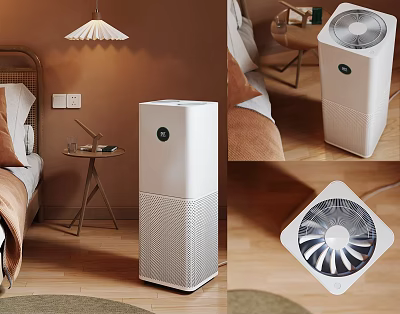 Modern White Air Purifier With Elegant Grille Design In Bedroom Home Setting 3d model