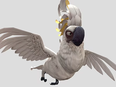 Game Animated White Parrot Character With Spread Wings And Yellow Head Feathers 3d model