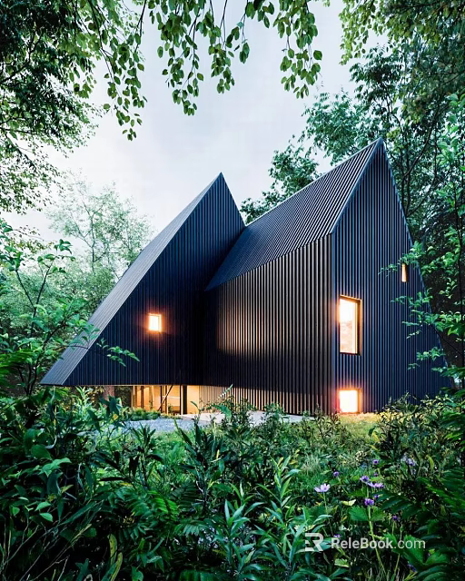 Modern Detached House Nestled in Forest with Angled Black Roofs and Illuminated Windows 3d model 
