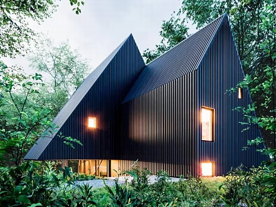 Modern Detached House Nestled in Forest with Angled Black Roofs and Illuminated Windows 3d model