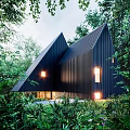 Modern Detached House Nestled in Forest with Angled Black Roofs and Illuminated Windows
