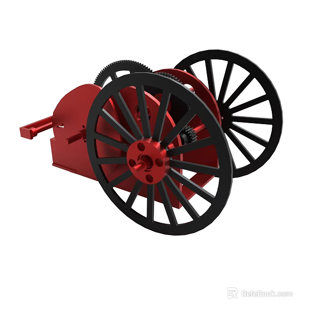 Antique Mechanical Device With Red Body And Large Black Spoked Wheels 3d model 