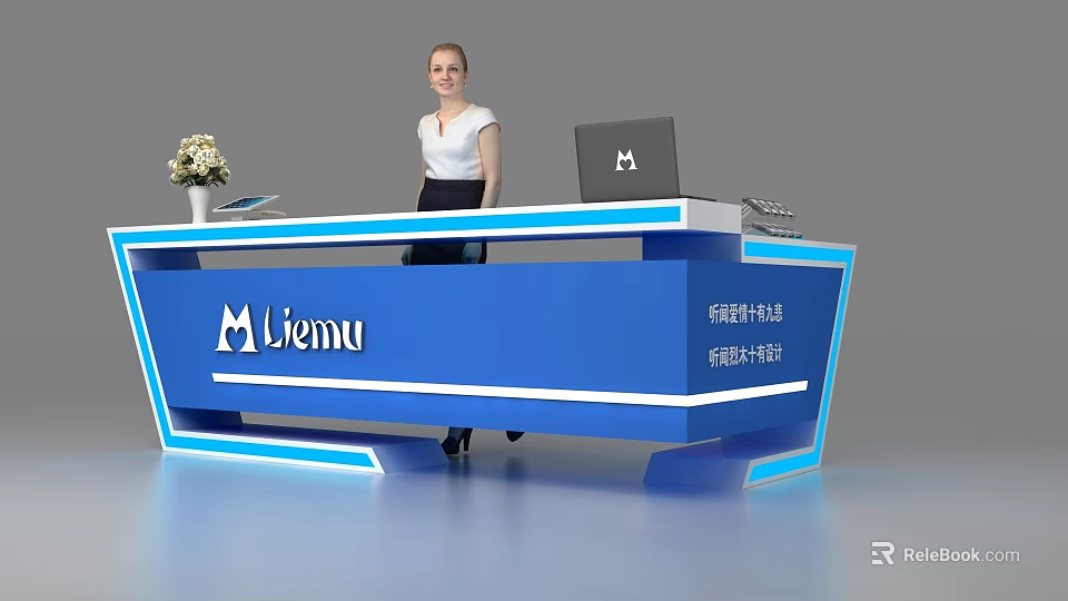 Modern Blue Liemu Reception Desk With Laptop Vase And Female Receptionist 3d model 
