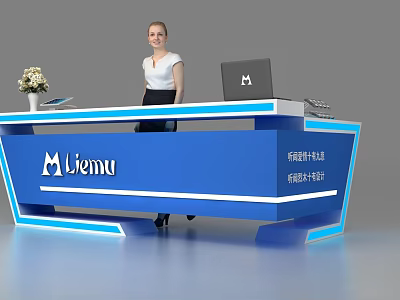 Modern Blue Liemu Reception Desk With Laptop Vase And Female Receptionist 3d model