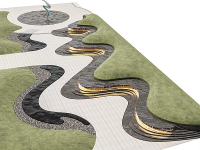 Curved Water Channels And Green Grass Around Decorative Water Fountain In Paved Area 3d model