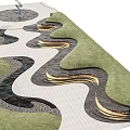 Curved Water Channels And Green Grass Around Decorative Water Fountain In Paved Area