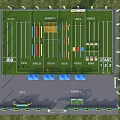 Outdoor Sports Field With Green Lawn Colorful Track Obstacles Blue Canopies And Decorative Arch