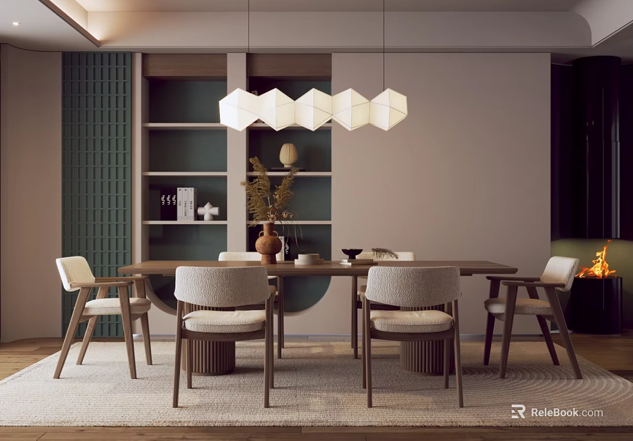 Modern Dining Room With Wooden Table Chairs White Hexagonal Pendant Lights Green Bookshelf And Fireplace 3d model 