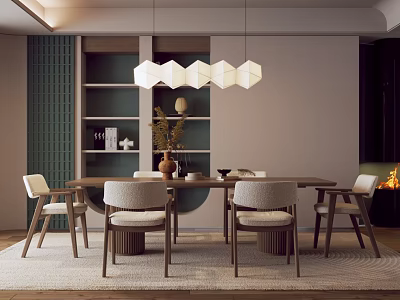 Modern Dining Room With Wooden Table Chairs White Hexagonal Pendant Lights Green Bookshelf And Fireplace 3d model