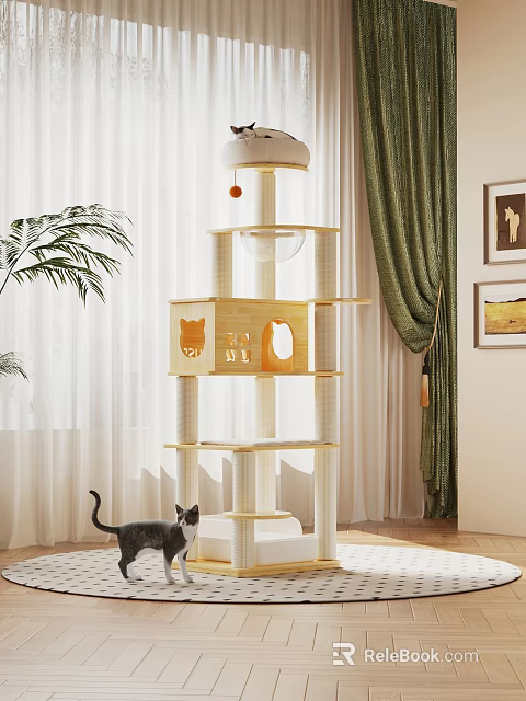 Wooden Multi Level Cat Tree With Condo Platforms And Hanging Toy For Indoor Cats 3d model 