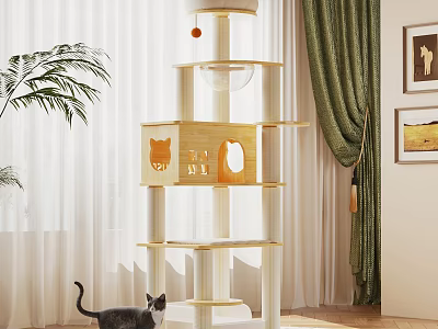 Wooden Multi Level Cat Tree With Condo Platforms And Hanging Toy For Indoor Cats 3d model