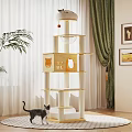 Wooden Multi Level Cat Tree With Condo Platforms And Hanging Toy For Indoor Cats