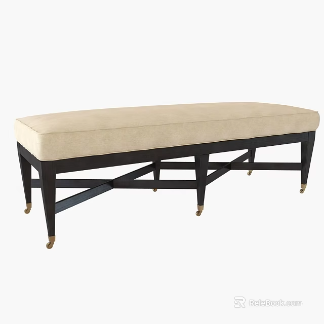 Stylish Sofa Bench Featuring Beige Cushioned Seat Black Wooden Frame And Golden Legs 3d model 