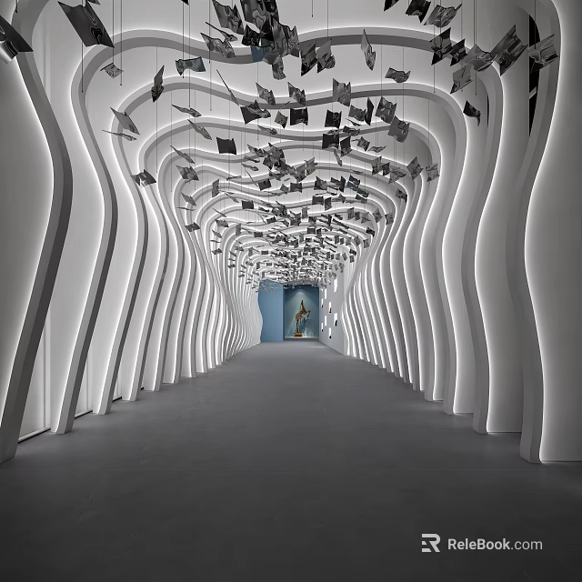 Modern Elevator Hallway With Curved Walls Illuminated Lighting And Hanging Decorations 3d model 