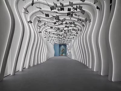 Modern Elevator Hallway With Curved Walls Illuminated Lighting And Hanging Decorations 3d model