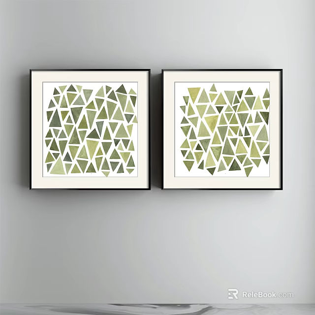 Two Wall Art Pieces With Green Triangles And Black Frames Hanging On Wall 3d model
