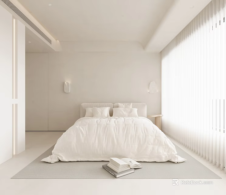Minimalist White Bedroom Interior With Large Bed Natural Light Curtains And Books On Rug 3d model 