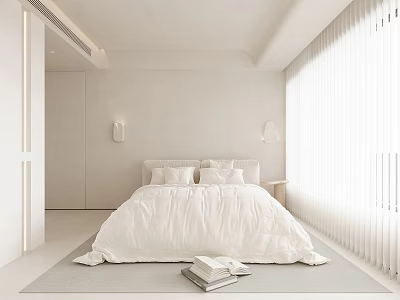 Minimalist White Bedroom Interior With Large Bed Natural Light Curtains And Books On Rug 3d model