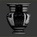 Ancient Greek Amphora Sculpture With Black And Orange Figural Carvings And Decorative Patterns
