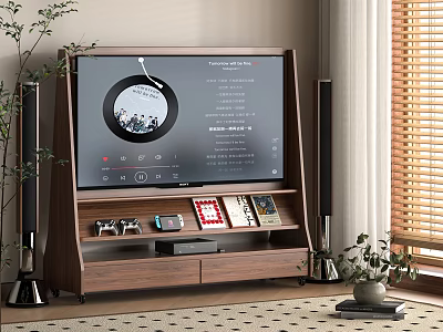 Large Smart TV On Wooden Stand With Surround Speakers Family Photo Display And Decorative Books 3d model