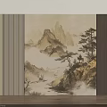 Chinese Style Background Wall With Mountain Landscape Pine Tree And Mist 3d model