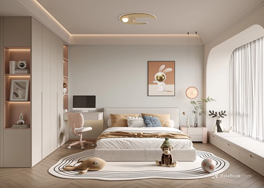Modern Kids Room With White Bed Pink Chair Rabbit Painting Round Light Rug And Toys 3d model 