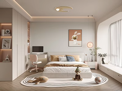 Modern Kids Room With White Bed Pink Chair Rabbit Painting Round Light Rug And Toys 3d model