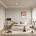 Modern Kids Room With White Bed Pink Chair Rabbit Painting Round Light Rug And Toys