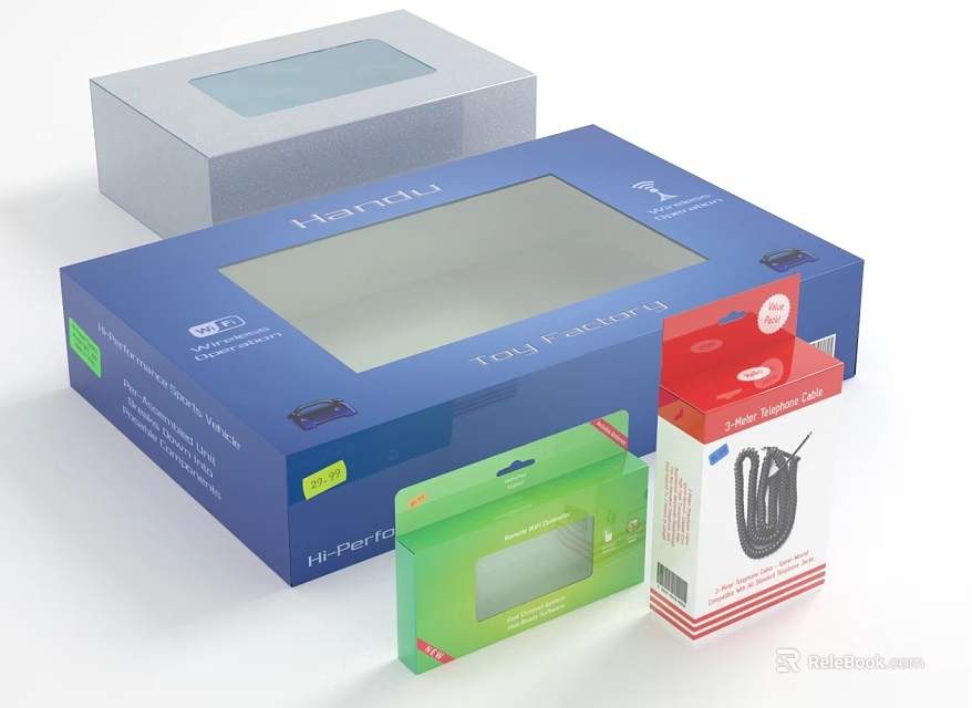 Ornament Decoration Set with Transparent Window Packaging Boxes in Blue Grey Green Red 3d model 