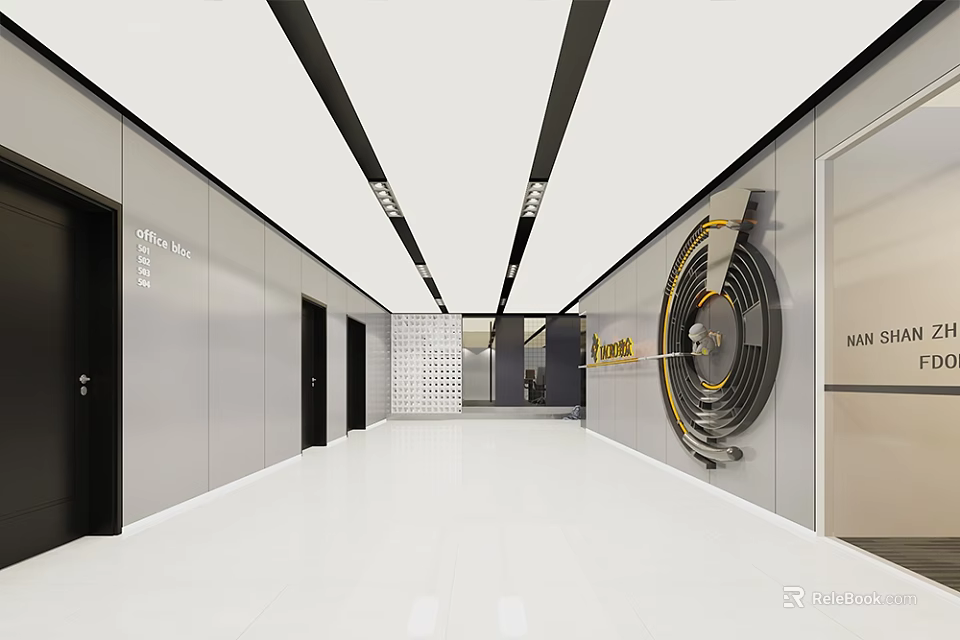 Modern Office Corridor With White Floor Grey Walls Black Accent Ceiling And Circular Decor 3d model 