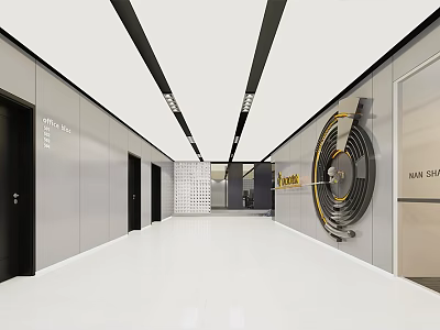 Modern Office Corridor With White Floor Grey Walls Black Accent Ceiling And Circular Decor 3d model