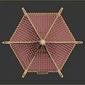 Traditional Chinese Hexagonal Pavilion With Red Roof Golden Ornament And Red Columns