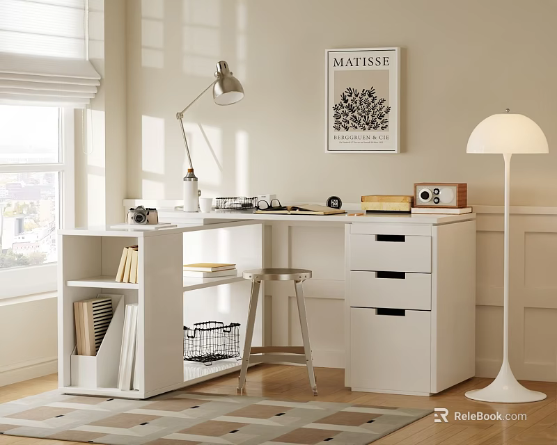 Modern White Desk with Bookshelf Drawer Typewriter Lamp and Matisse Poster 3d model 
