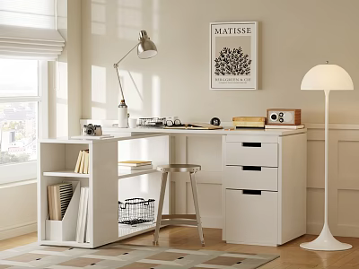 Modern White Desk with Bookshelf Drawer Typewriter Lamp and Matisse Poster 3d model